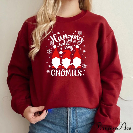 Christmas Gnomes Hanging Gnomies Funny Santa Graphic Christmas Hoodie Burgundy / S Christmas Hoodies-L