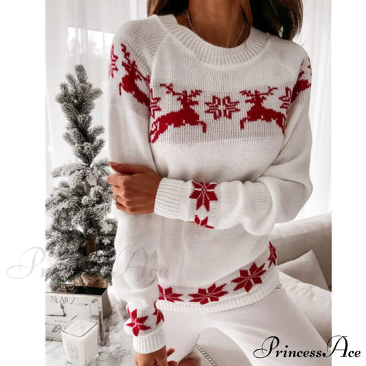 Christmas Knitted Long Pullover Sweater White / S
