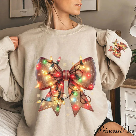Christmas Lights Coquette Bow Classic Retro Oversized Christmas Hoodie Khaki / XS Christmas Hoodies-L