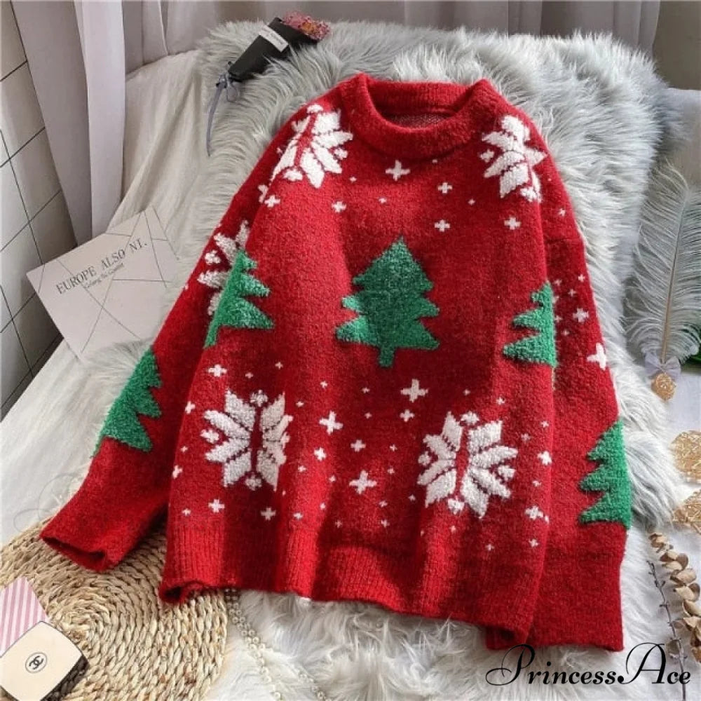 Christmas Red Deer Sweater Burgundy / One Size