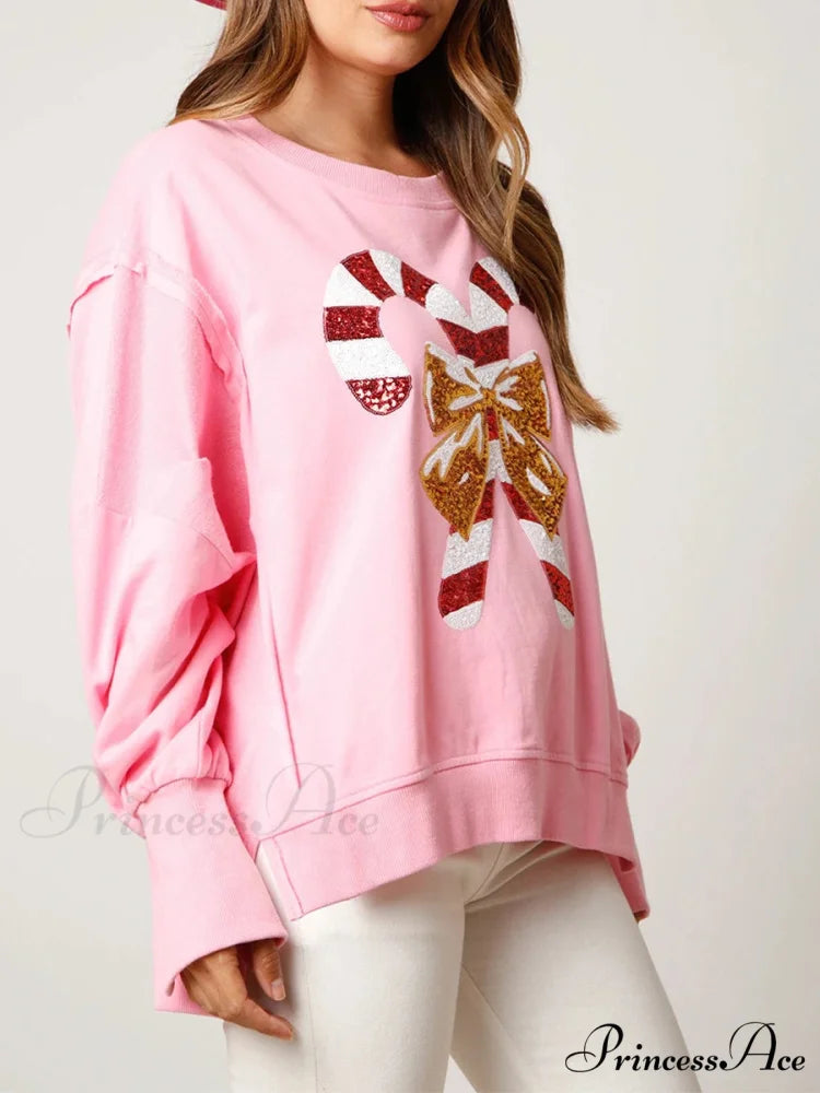 Christmas Sequin Candy Cane Holiday Oversized Side Slit Sparkly Pullover Christmas Hoodie Christmas Hoodies-L