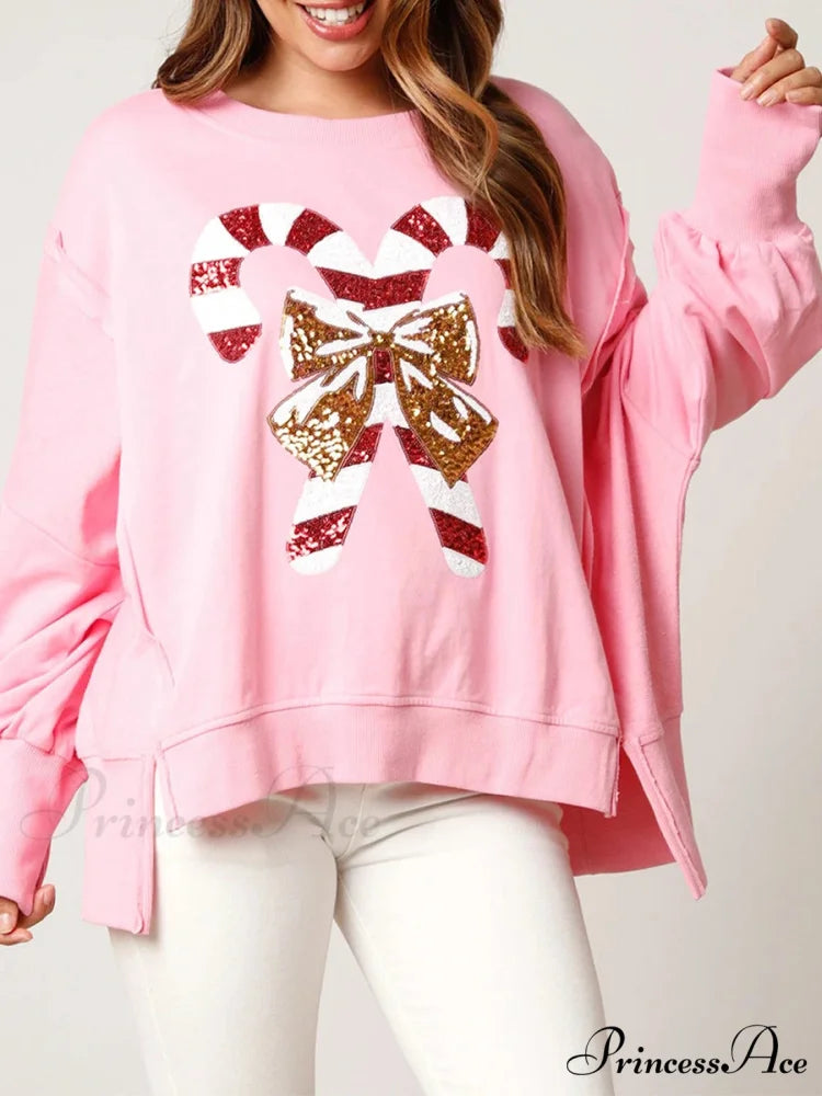Christmas Sequin Candy Cane Holiday Oversized Side Slit Sparkly Pullover Christmas Hoodie Christmas Hoodies-L