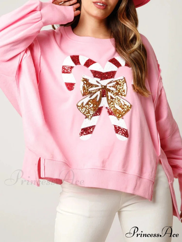 Christmas Sequin Candy Cane Holiday Oversized Side Slit Sparkly Pullover Christmas Hoodie Christmas Hoodies-L