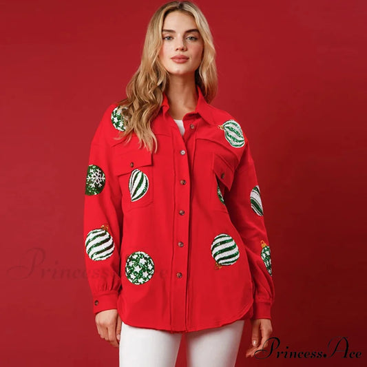 Christmas Sequin Lapel Cardigan Coat Red / S