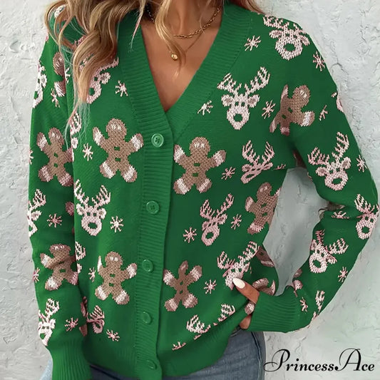 Christmas V-neck Elk Print Cardigan Green / S