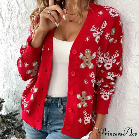 Christmas V-neck Elk Print Cardigan Red / S