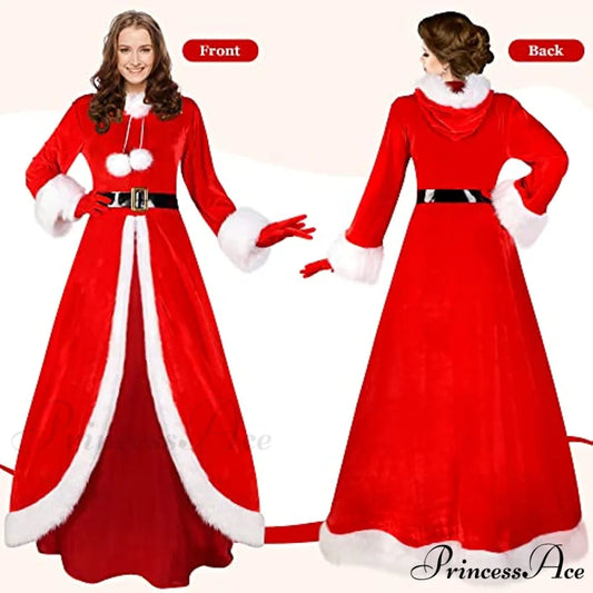 Christmas Velvet Hooded Outfit Red Gloves Deluxe Classic Costume