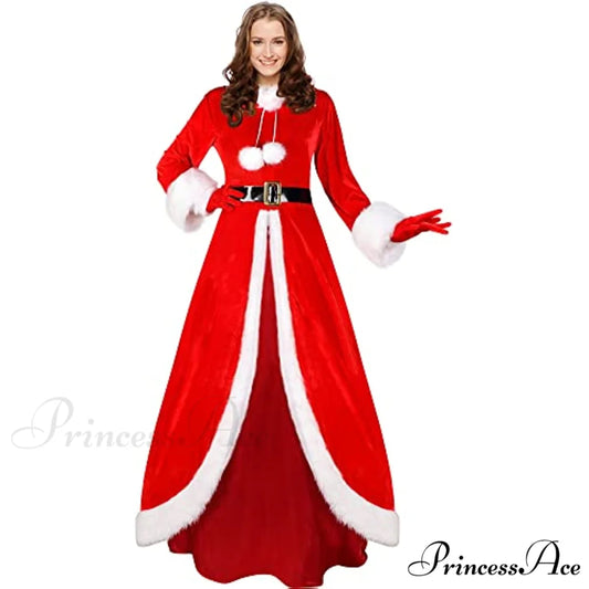 Christmas Velvet Hooded Outfit Red Gloves Deluxe Classic Costume