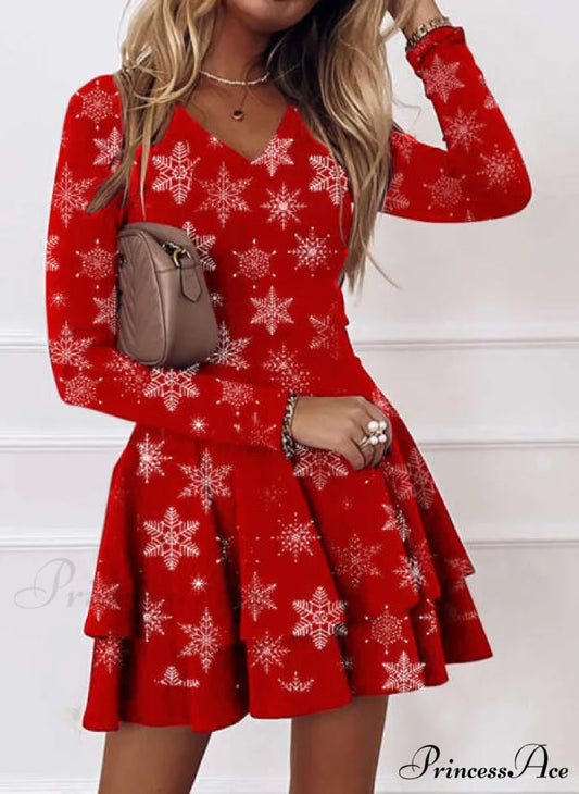 Christmas Women Long Sleeve V-neck Snowflake Print Party Dress B4Q062RD / 5XL