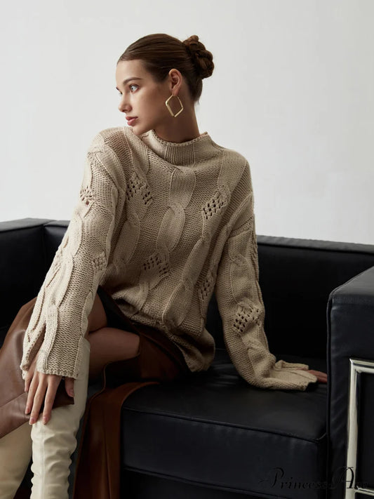 Chunky Cable Knit Trendy Mock Neck Sweater Off-White / S