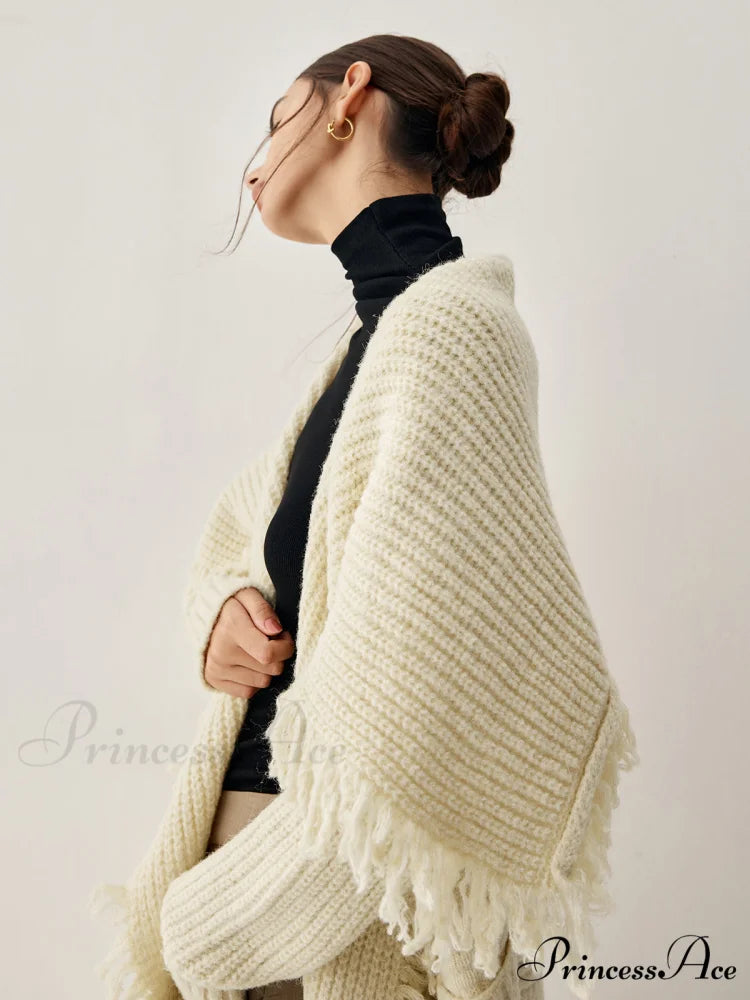Chunky Knit Tassel Trendy Hem Poncho Cardigan