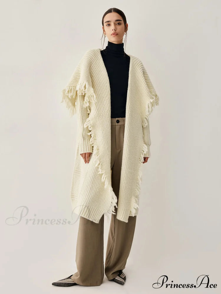 Chunky Knit Tassel Trendy Hem Poncho Cardigan