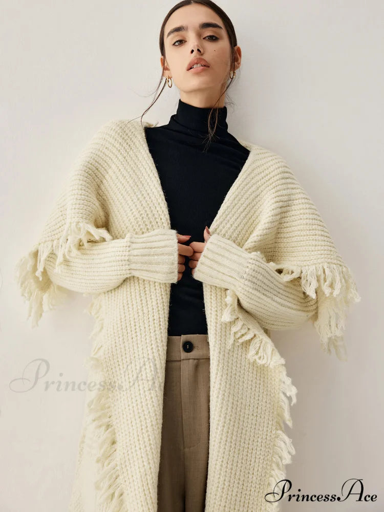 Chunky Knit Tassel Trendy Hem Poncho Cardigan Off-White / S