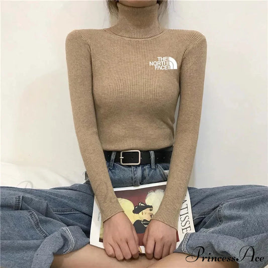 Chunky Ribbed Jumper Cotton Turtleneck Knit Pullover Top khaki white / One Size knittop-250126