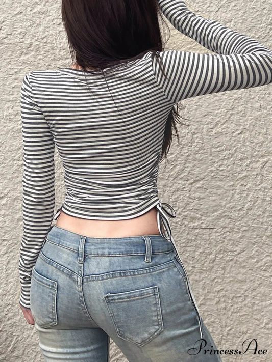 Cinch Bandage Slim Cropped O-Neck Long Sleeve Knit Top knittop-250126