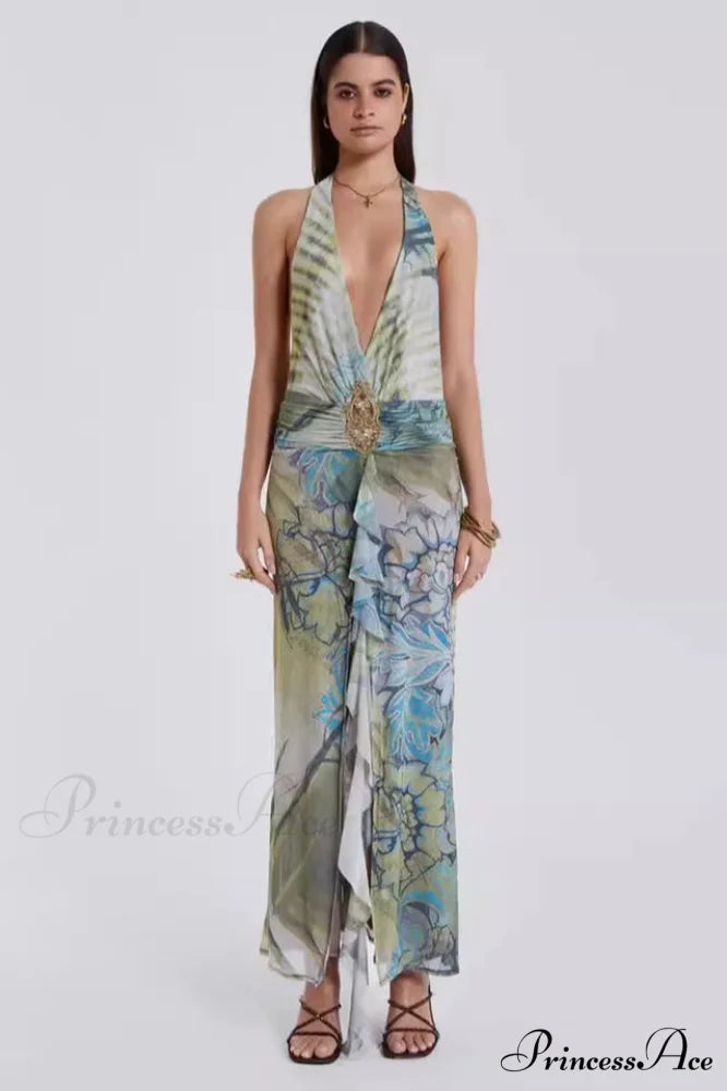 Cindy Plunge Stylish Maxi Dress S / Green Print