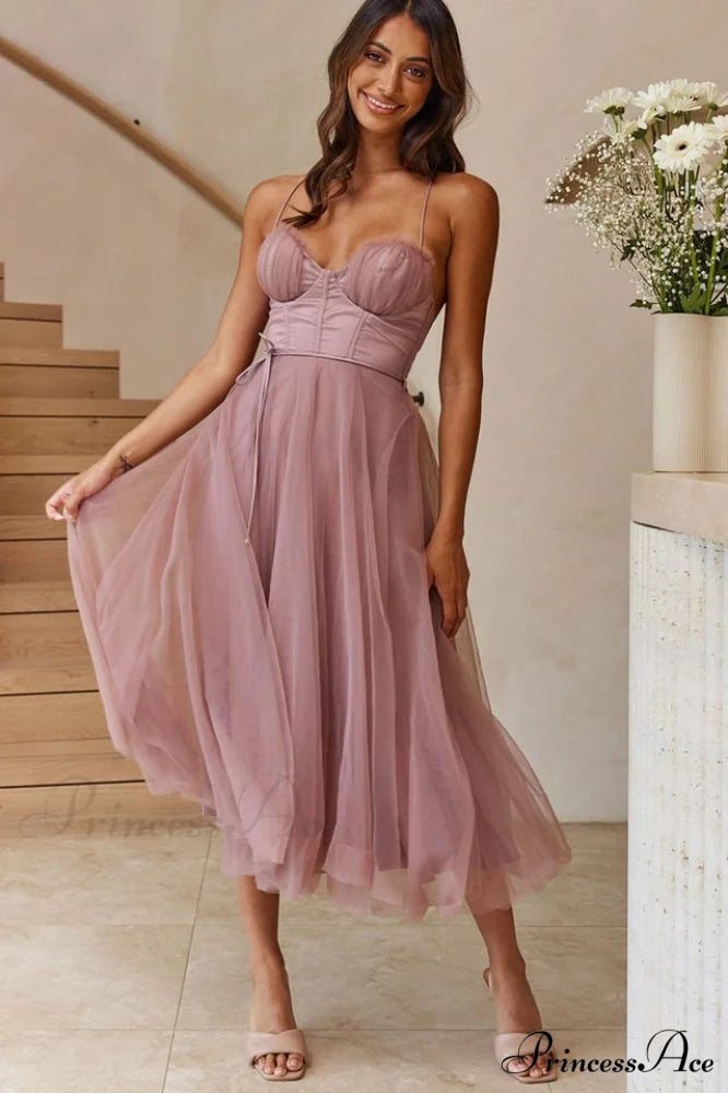 Cindy Tulle Stylish Midi Dress S / Dusty Pink