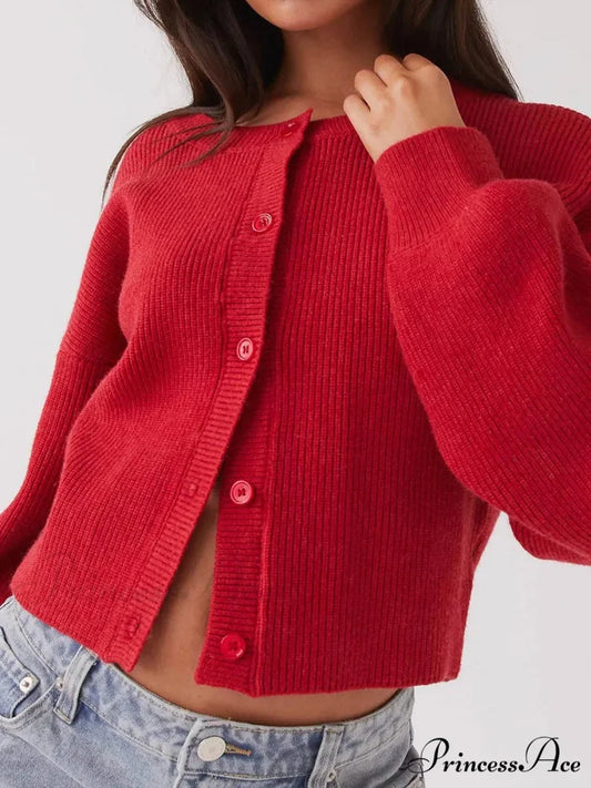 Circular Neck Button-Up Extended Sleeve Cardigan red / S cardigans-241228