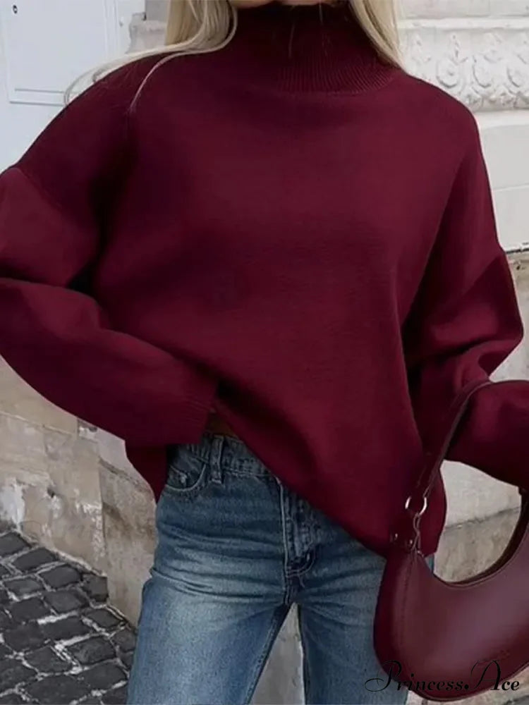 Circular Neck Flexible Pullover Jumper Dark red / S swraters-241228