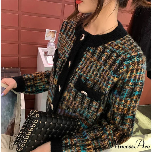 Circular Neck Shade Matching Knitted Fall Cardigan Black / One Size cardiagn-250126