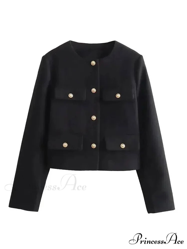 Circular Neck Woolen Brief Jacket Black / XS coats-241228