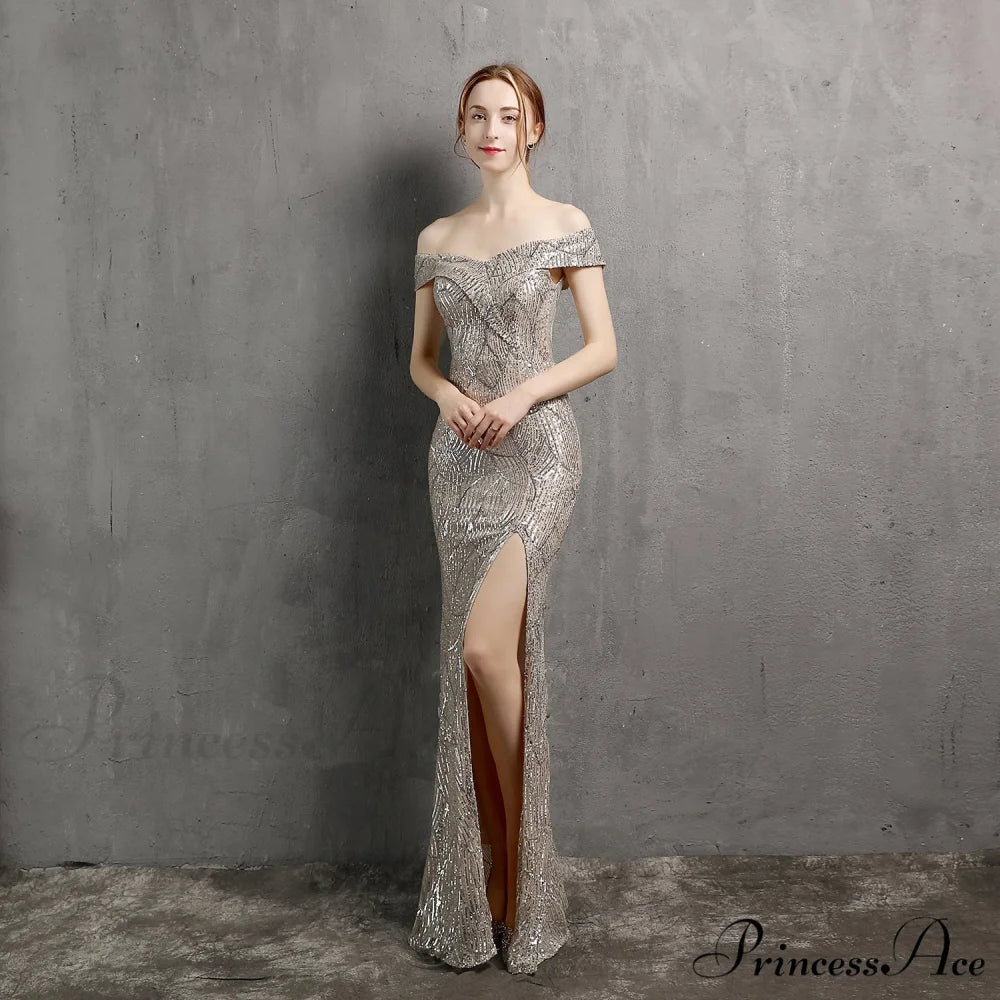 Clara Glitter Off the Graceful Shoulder Split Dress For Prom SLVER / XS