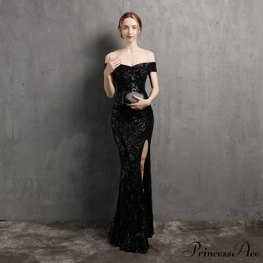 Clara Glitter Off the Graceful Shoulder Split Dress For Prom WHITE / XS