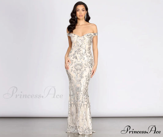 Clara Sequin Stylish Off Shoulder Dress SILVER / S