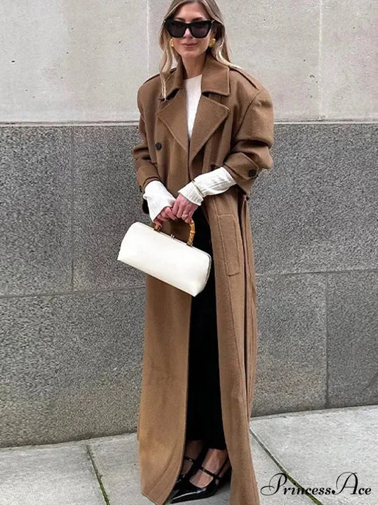 Classic Folded Collar Cinched Maxi Overcoat overcoats-241228