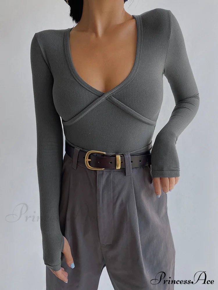 Classic V-Neck Graceful Long Sleeve Shirt Grey / XS