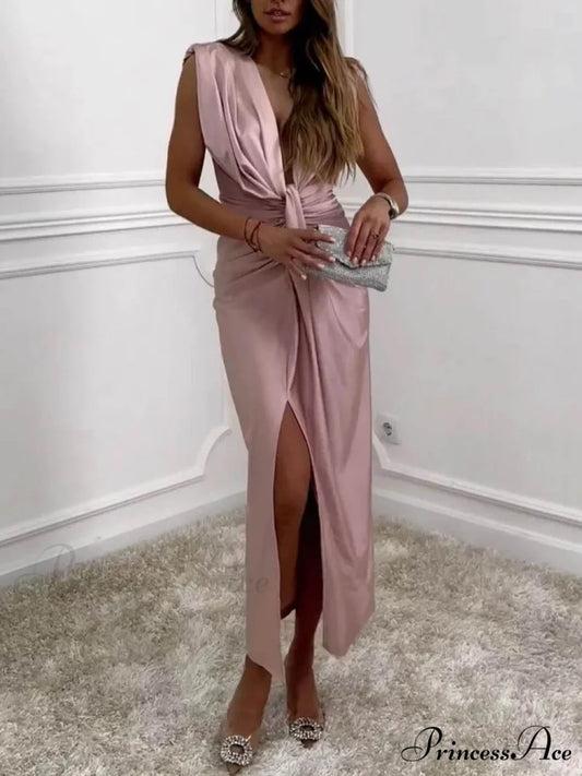 Classic V-Neck Ruched Charming Drape Slit Midi Dress