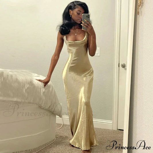 Classy Cowl Neck Tie String Classic Silky Slip Maxi Dress - Blue M / Champane