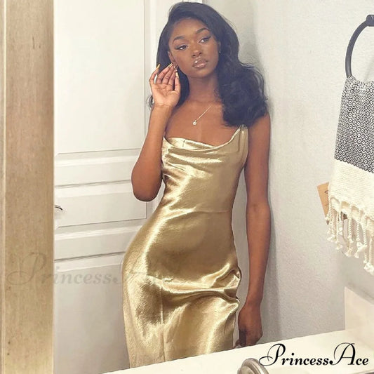 Classy Cowl Neck Tie String Classic Silky Slip Maxi Dress - Blue S / Champane