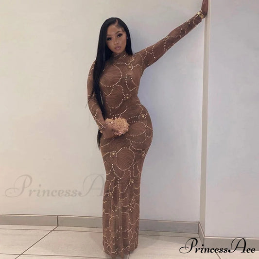 Club Bodycon See Through Long Dress Auburn / M