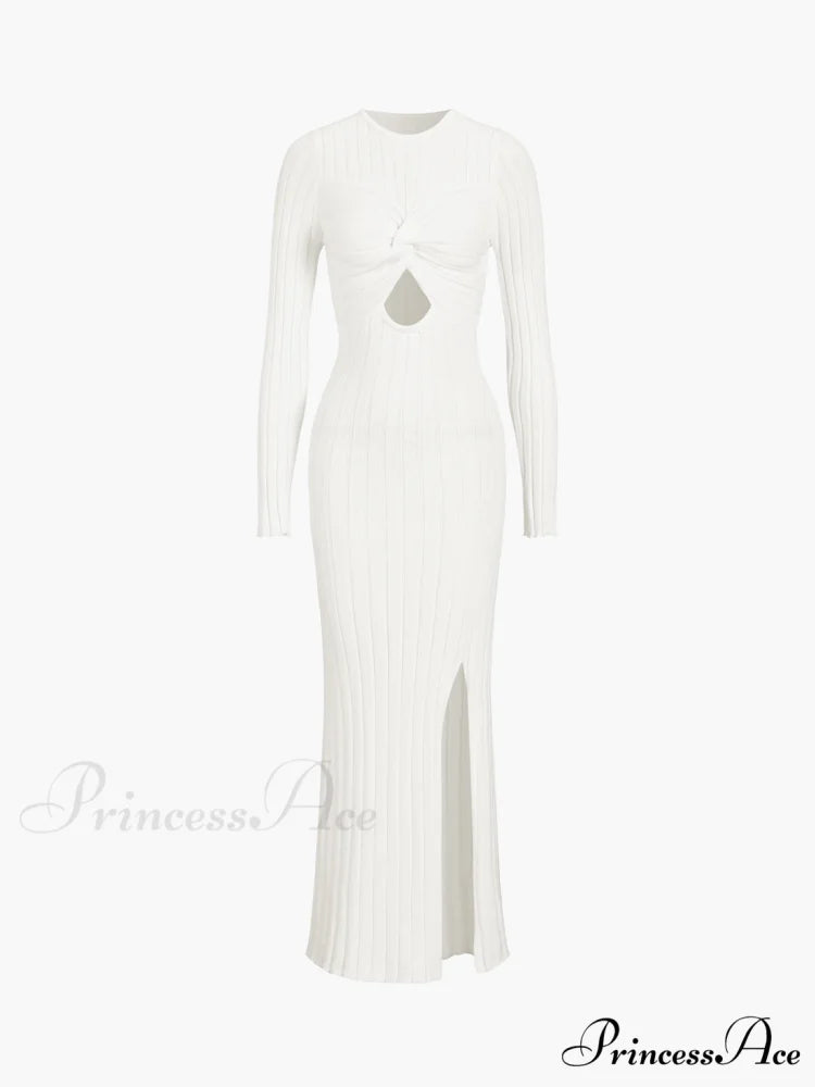 Coastal Allure Knotted Trendy Long Sweater Dress White / XS