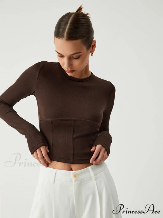 Cocoa Beans Long Trendy Sleeve Crop Shirt Brown / S
