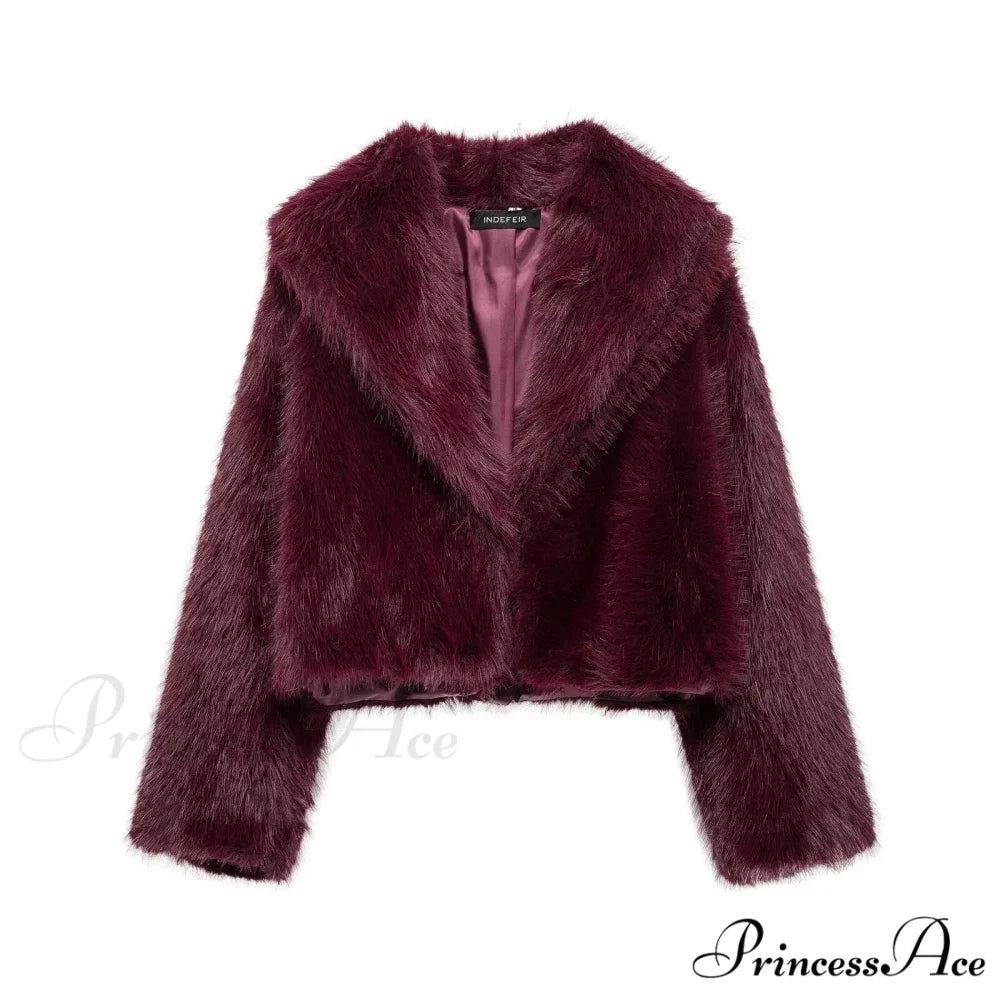 Coffee Fur Lapel Short Coat Deep Red / XS