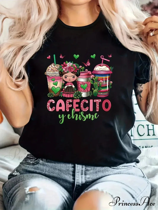 Coffee & Girl Printed - Casual All-Season Crew Neck Top with Belt Comfortable Polyester Blend Machine-Washable T-shirt