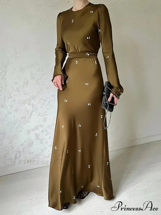 Coffee Print Bodycon Long Sleeve Dress XS / Coffee