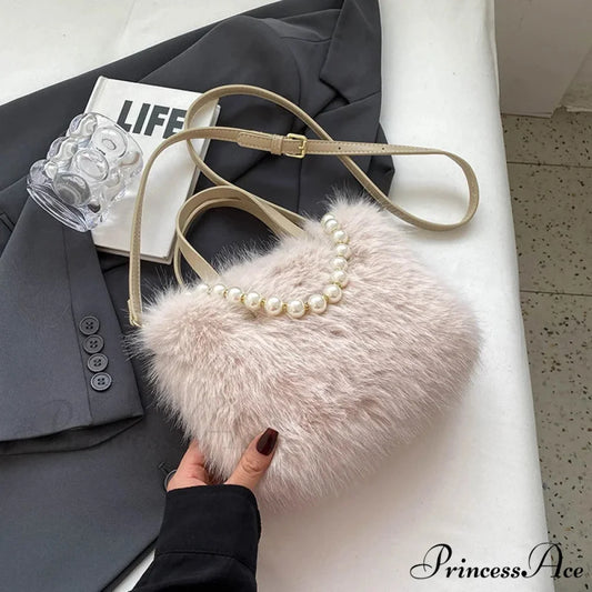 Cold Faux Fur Crossbody Pearl Chain Decor Purse Beige / 22x17x9cm handbag-250126