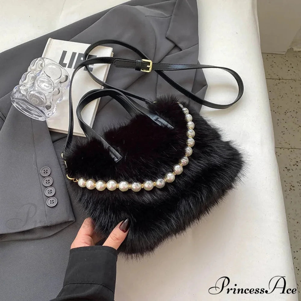 Cold Faux Fur Crossbody Pearl Chain Decor Purse handbag-250126