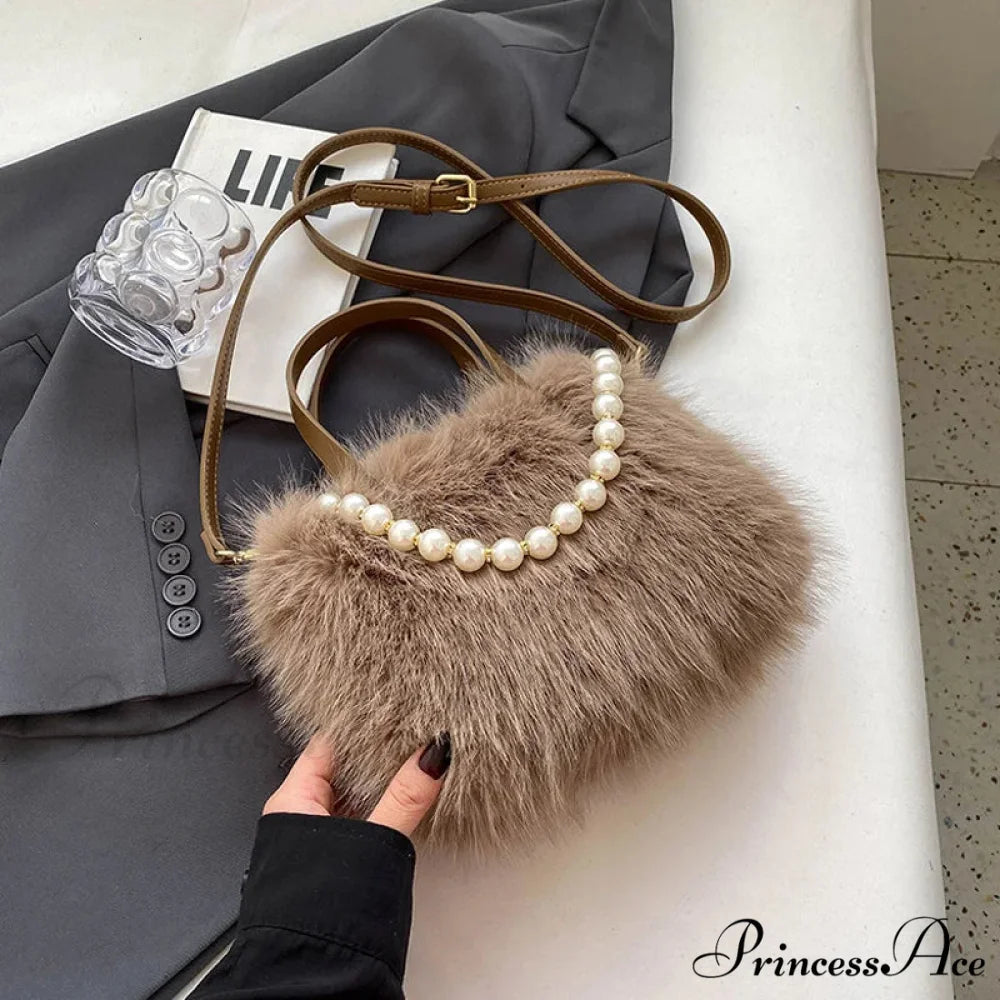 Cold Faux Fur Crossbody Pearl Chain Decor Purse handbag-250126
