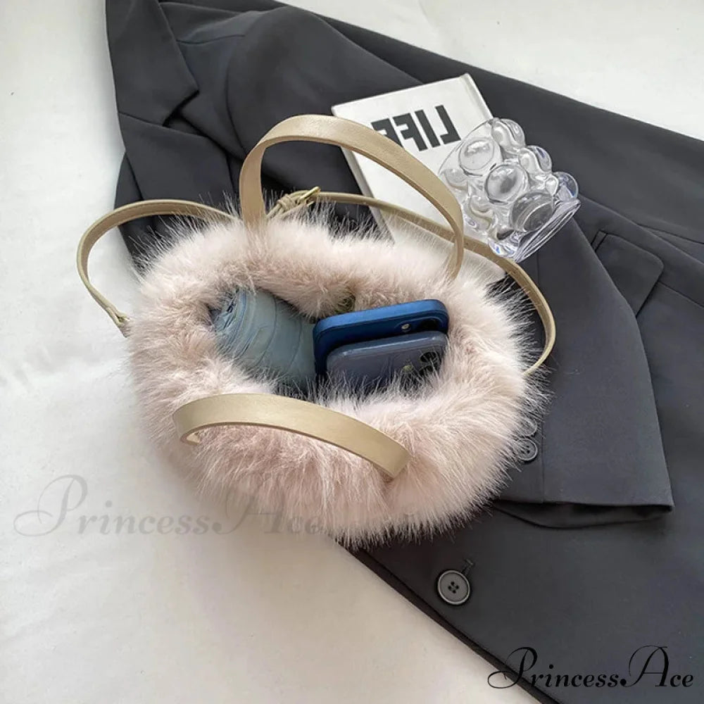 Cold Faux Fur Crossbody Pearl Chain Decor Purse handbag-250126