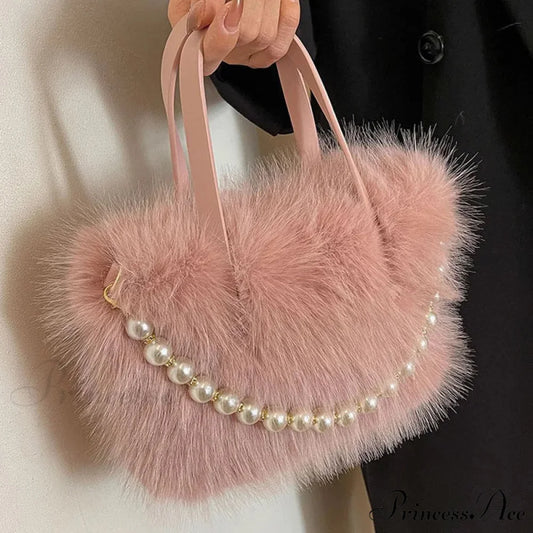 Cold Faux Fur Crossbody Pearl Chain Decor Purse handbag-250126