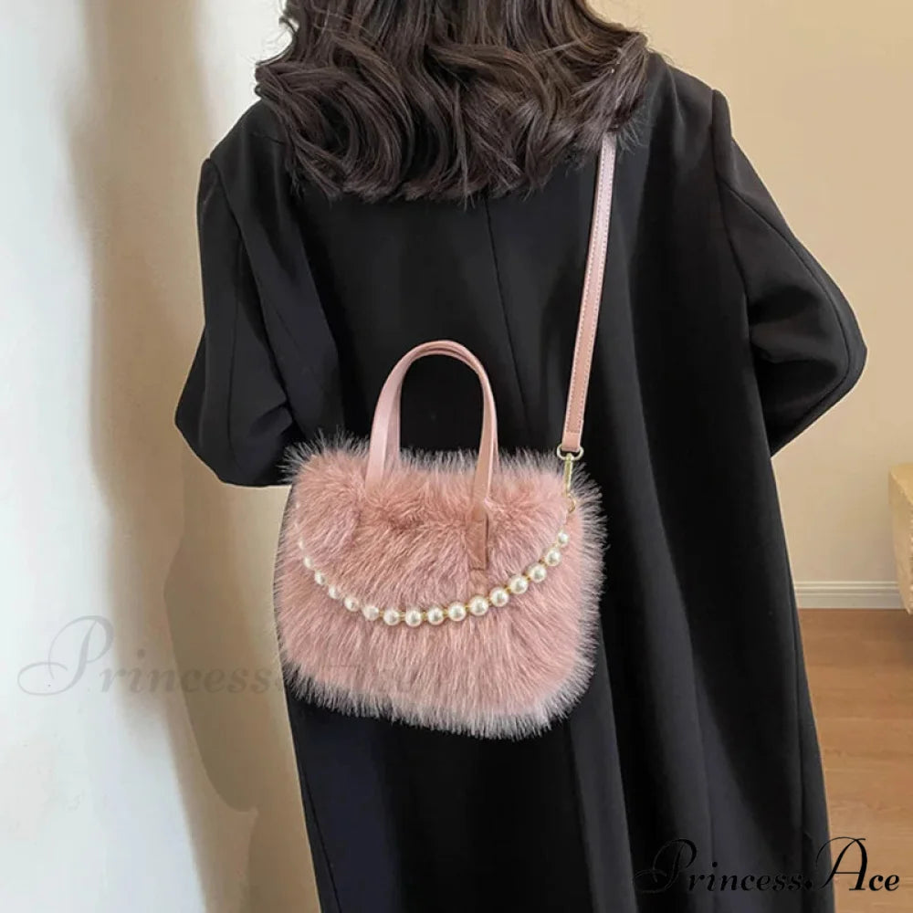 Cold Faux Fur Crossbody Pearl Chain Decor Purse handbag-250126