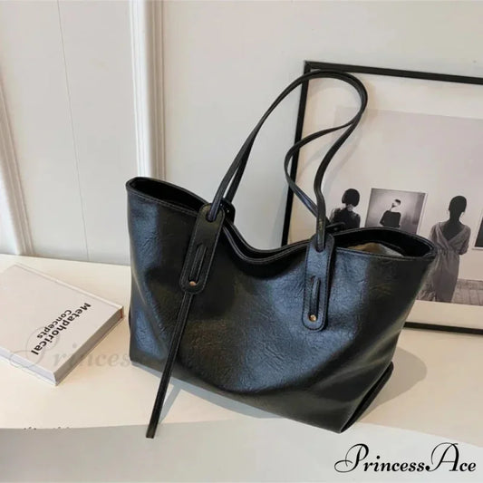 Cold Leather Tote Shoulder Bag for Women Black shoulder-250126