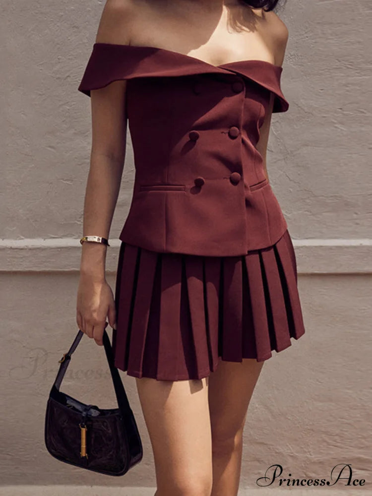 Cold Shoulder Blazer Top Modern With Pleated Skirt Set Burgundy / XS