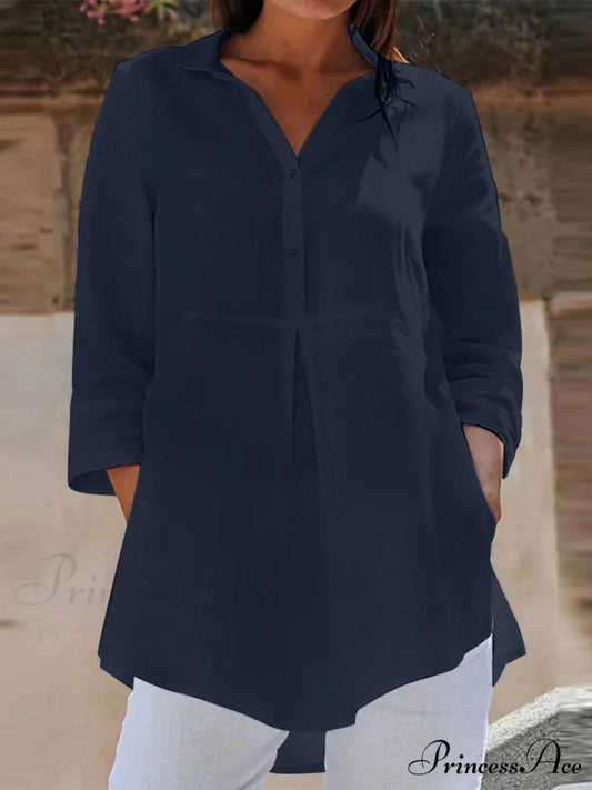 Collar Neck 3/4 Sleeve Informal Baggy Button Blouse Navy / S blouse-250126