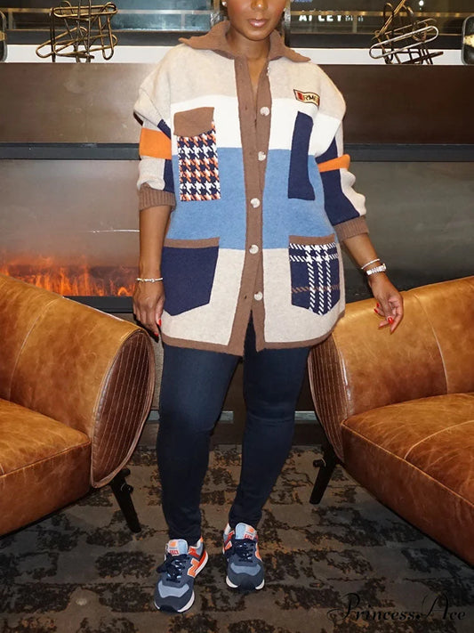 Color Block Graceful Striped Sweater Coffee / One Size