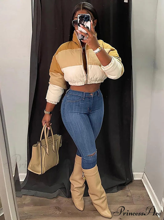 Color Block Graceful Sweater Cardigan Khaki / M